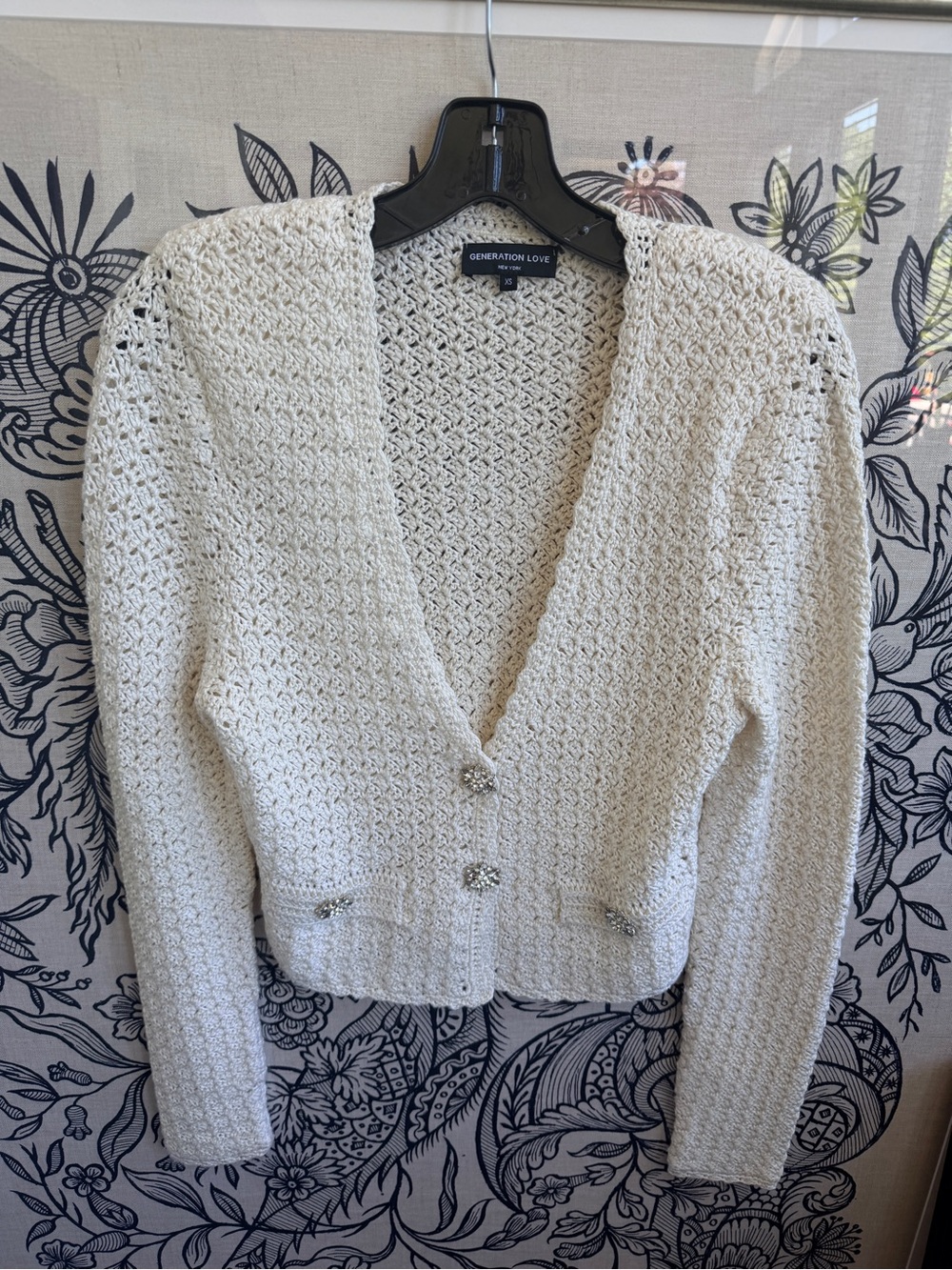Generation Love Cream Crochet-Style V-Neck Cardigan with Rhinestone Buttons